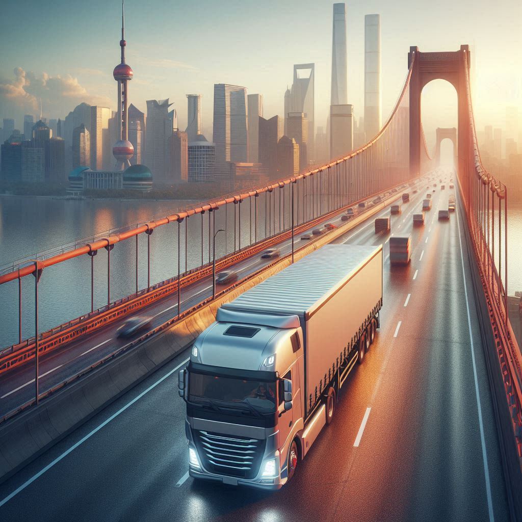 a fright truck on a bridge in the city with a realistic view